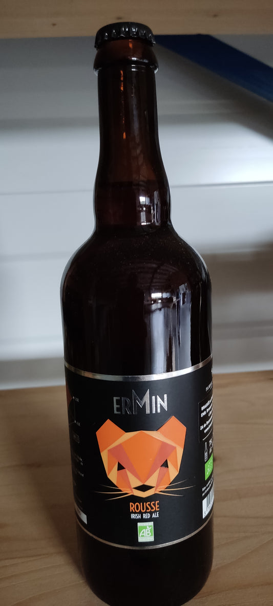 Bière artisanale bio Rousse Irish Red Ermin.

Produit de l'Agriculture Biologique, Label&nbsp;AB

Volume net à l'embouteillage : 33 cl